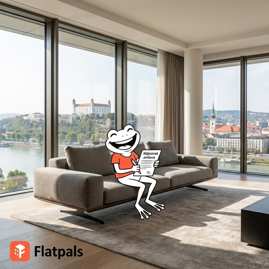 Maskot Flatpals s panorámou Bratislavy