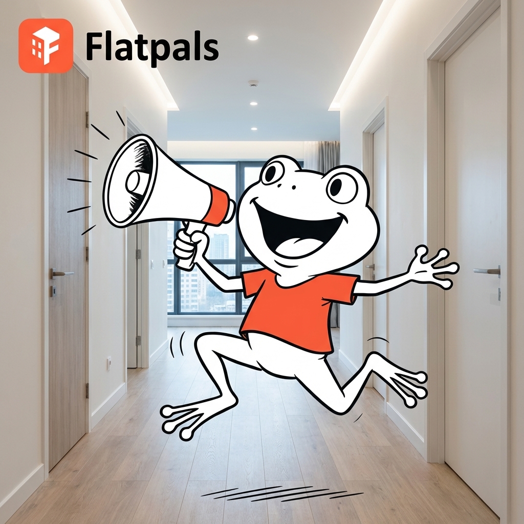 Maskot Flatpals so šťastným výrazom a zosilňovačom